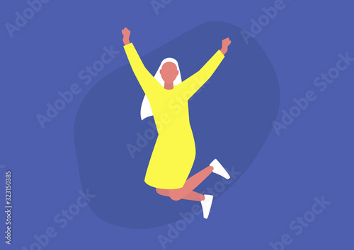 Young excited female character jumping and expressing positive emotions, having fun, good vibe