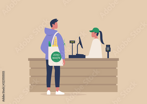 Daily life, a Cashier and a client buying groceries at the supermarket register counter, zero waste shopper, organic food, farmers market
