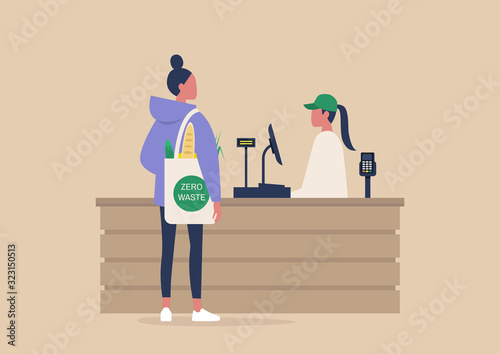 Daily life, a Cashier and a client buying groceries at the supermarket register counter, zero waste shopper, organic food, farmers market