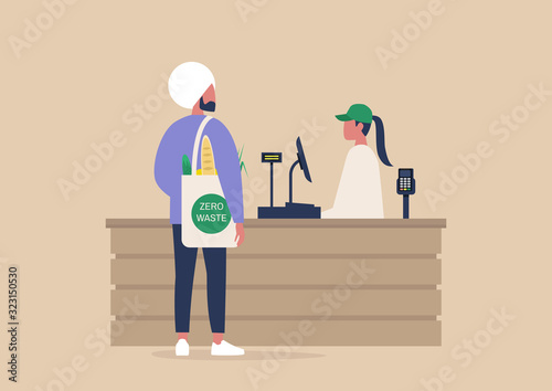 Daily life, a Cashier and a client buying groceries at the supermarket register counter, zero waste shopper, organic food, farmers market