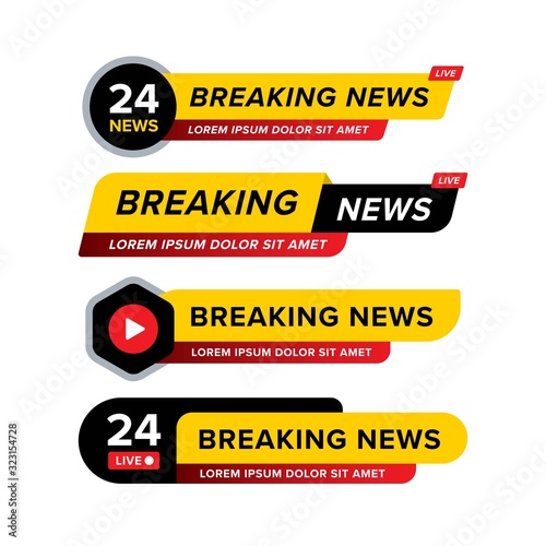 Collection of breaking news banner designed in different style and shape. Creative vector illustration in yellow black red and white. Premium vector