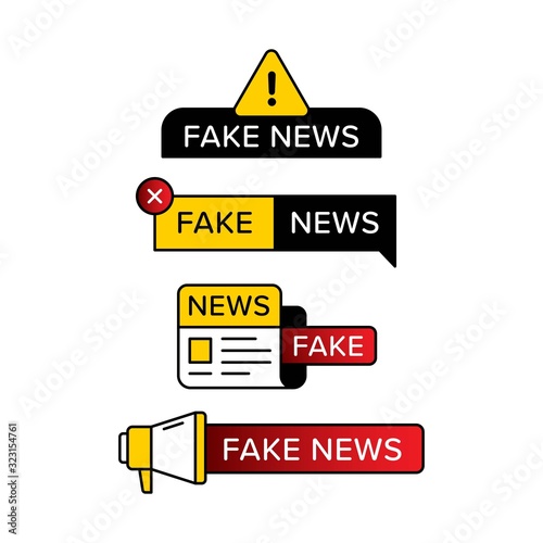Set of fake news warning sign in various shape and style. Designed with exclamation mark newspaper and hand speaker icon. Premium vector