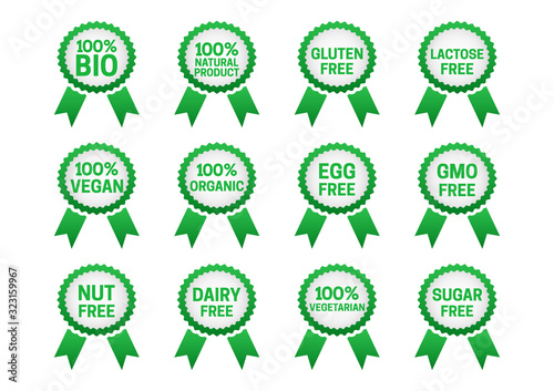 Set of 100% Bio, Natural, Organic, Vegan, Vegetarian Badge Icons and Gluten, Lactose, Egg, GMO, Nut, Dairy, Sugar Free Fresh Food Ribbons for Natural Product for Healthy Life and Premium Quality Food