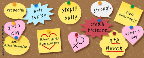 Closeup many wording texts about Women's day write on colorful post it paper stick on wooden board background. Women's day greeting card in paper cut and banner style with vector design.