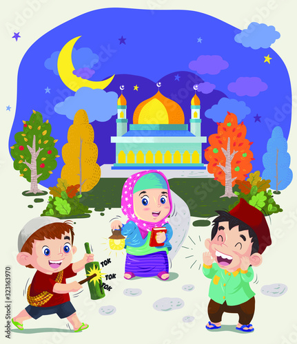 happy kids on ramadan night doodle illustration