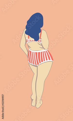 Happy plus size girl. Back view. Body positive concept. Attractive overweight woman. Concept For Fat acceptance movement no fatphobia. Vector illustration