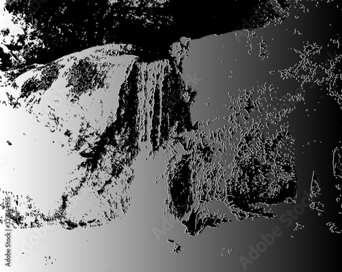 An unusual pattern in the form of abstract lines with a monochrome black-and-white gradient. Beautiful texture of silver-colored plaster with a copy space. background of mountains with waterfall