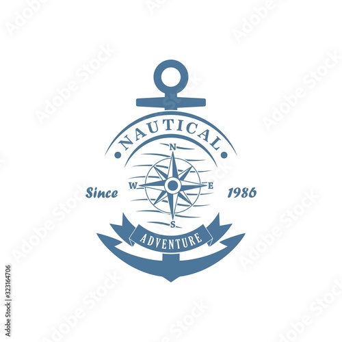 Color illustration advertising a sea adventure. Vector illustration of an anchor, compass, waves and ribbon with text on a white background.