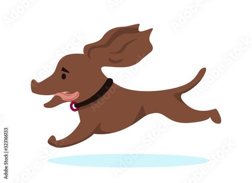 Advertising Poster Puppy Rejoices and Runs Flat. Information Banner Dog Small Breed in Collar Runs to Meeting. Playful Dog has Long Ears Cartoon. Vector Illustration on White Background.