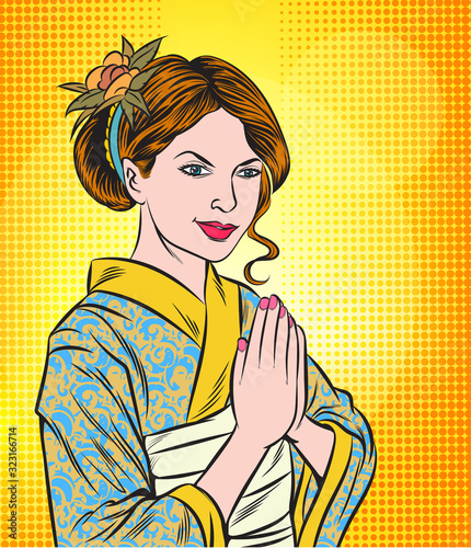 Girl in the Japanese national costume raises her hand to respectfully welcome.Pop art retro vector illustration vintage kitsch drawing