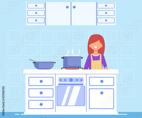 Bright Flyer Cooking Training Class, Cartoon Flat. Advertising Poster Organizing Culinary Master Class for Spouses. Girl Learns to Cook Variety Food in Modern Kitchen. Vector Illustration.