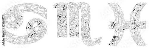 Water Signs Zodiac Pisces, Cancer and Scorpio. Vector zentangle object for coloring