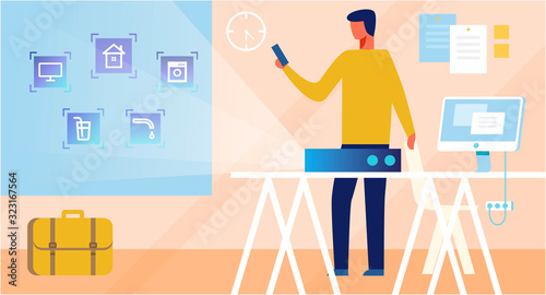 Smart House System Application Interface for Remote Control. Man Character Regulating Home Robots Function Distantly from Office. Locks, Household Appliances, Taps Projection. Vector IOT Illustration
