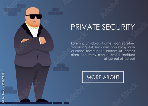 Landing Page Offering Private Security Service. Cartoon Male Guard in Formal Black Suit, Sunglasses and Gold Chain. Protective Agent for Safety Precautions. Online Guardian Order. Vector Illustration