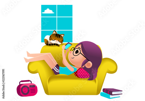 Vector illustration of young girl teenager relaxing on sofa using smartphone with a cat sleeping nearby 