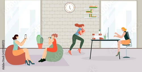 Informative Banner Preparation Project Cartoon. Project Activity Company. Girls in Workplace are Photographed. Woman Running Around Office. All Female Employee. Vector Illustration.