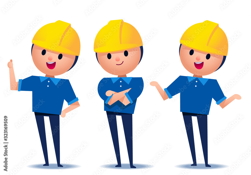 Vector set of engineer, technician, builder, constructor characters in different actions isolated on white background