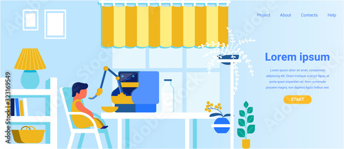Landing Page Advertises Modern Robotic Babysitter for Mother Help. Programmed Robot Feeding Baby. Dining Room Interior. Artificial Intelligent and High Technology in Human Life. Vector Illustration