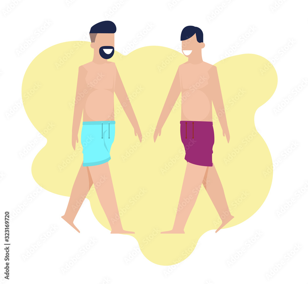 Two Happy Smiling Man in Swimming Suits Walking Cutout Cartoon. Friends Meeting on Sand Beach. Romantic Dating Male Gay Couple. Faceless Cartoon People, Tourists. Vector Flat Illustration Two Happy Smiling Man in Swimming Suits Walking Cutout Cartoon. Friends Meeting on Sand Beach. Romantic Dating Male Gay Couple. Faceless Cartoon People, Tourists. Vector Flat Illustration