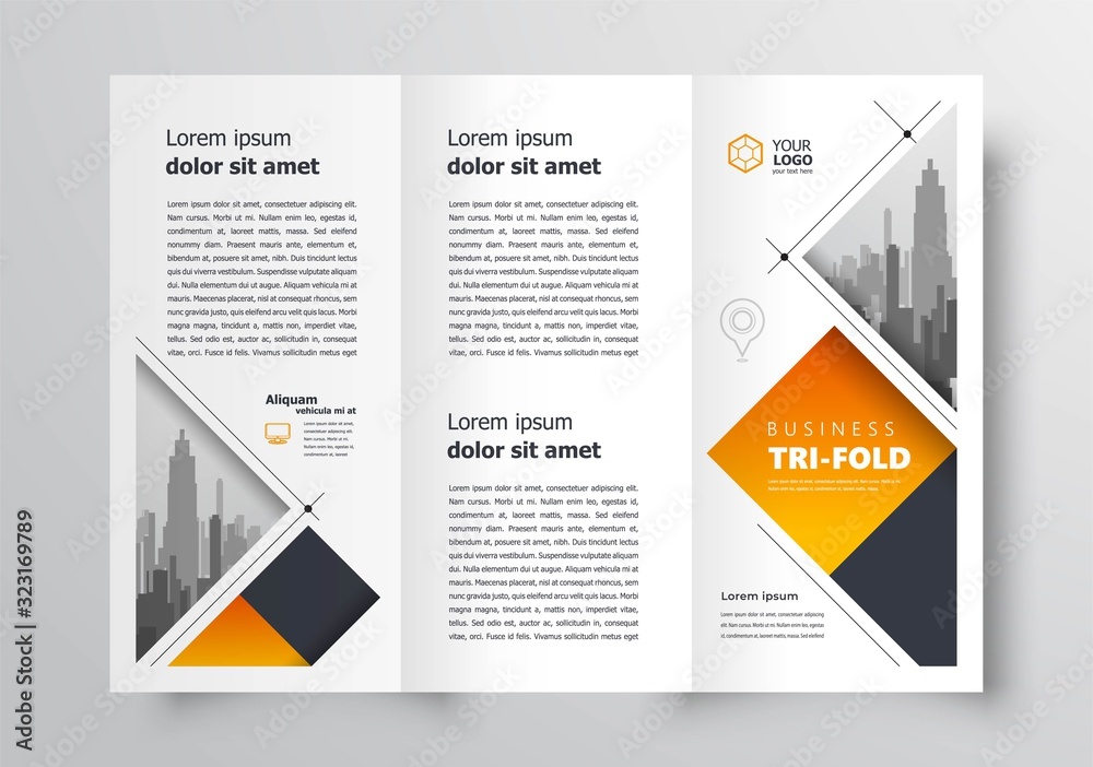 Tri-fold template stripes, squares and triangles orange color brochure design vector Tri-fold template stripes, squares and triangles orange color brochure design vector