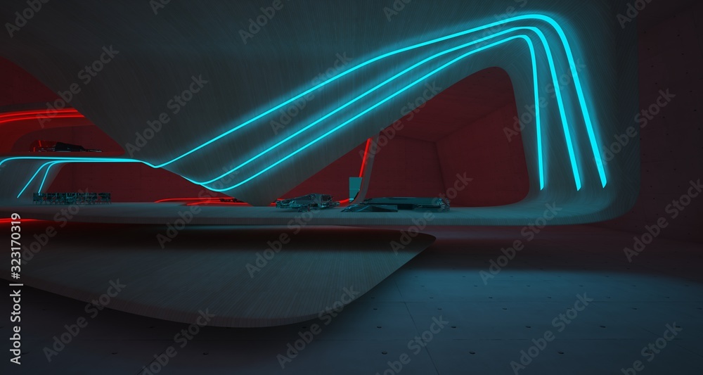 Abstract architectural concrete, wood and glass interior of a minimalist house with colored neon lighting. 3D illustration and rendering. Abstract architectural concrete, wood and glass interior of a minimalist house with colored neon lighting. 3D illustration and rendering.