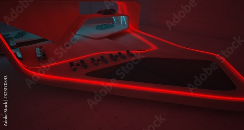 Abstract architectural concrete, wood and glass interior of a minimalist house with colored neon lighting. 3D illustration and rendering.