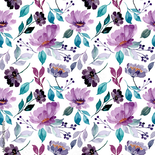 beautiful green purple floral watercolor seamless pattern