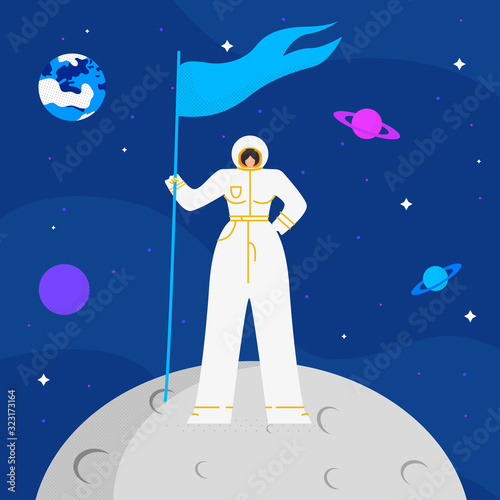 Female Astronaut on Mood Flat Vector Illustration. Woman in Space Suit Cartoon Character. Young Lady Holding Flag. Interstellar Travel, Cosmos Exploration. Cosmonaut Profession, Astronomy