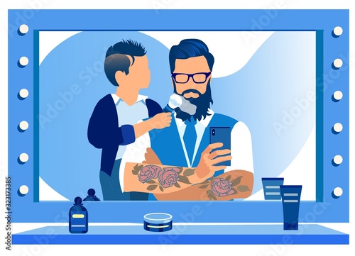 Little Baby Boy Lathering Beard of his Father with Shaving Brush Sitting with Crossed Arms in front of Big Mirror in Barbershop. Dad and Son Visiting Grooming Place Cartoon Flat Vector Illustration