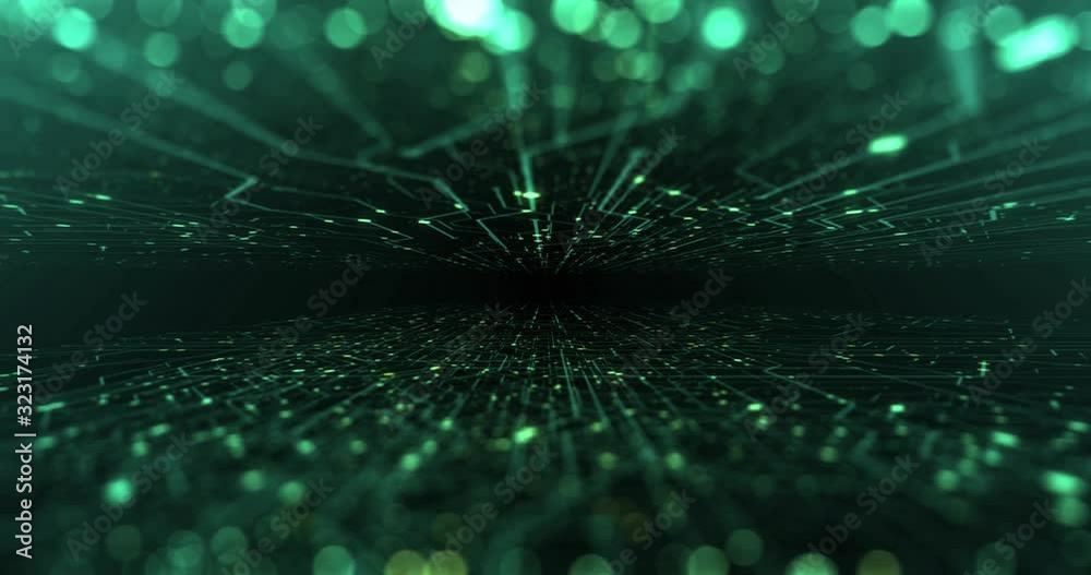 Abstract tech background made of printed circuit board. Depth of field effect and bokeh. internet connections, cloud computing and neural network, big data. 3D render, 4K seamless loop