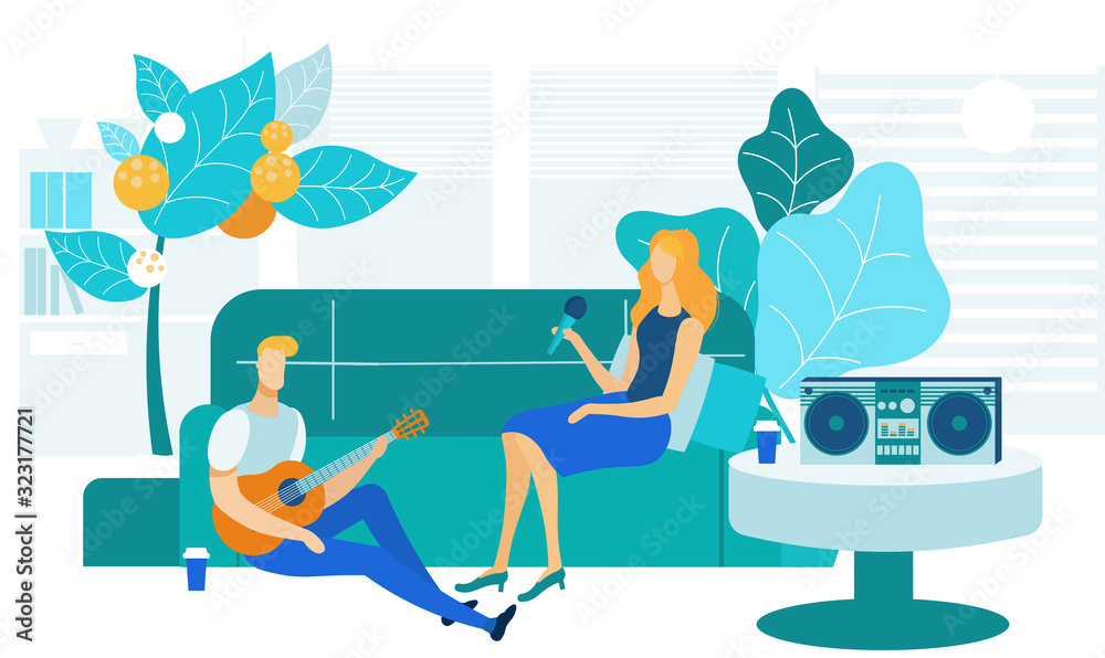 Fototapeta premium Home Karaoke, Entertainment Vector Illustration. Young Friends, Boyfriend and Girlfriend Cartoon Characters. Amateur Musician and Singer. Man Playing Guitar, Woman Holding Microphone. Indoor Date