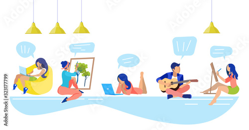 People with Different Types Hobbies in Coworking Center. Coworking Center. Hobby Young People. Vector Illustration. Workflow in Office. Work and Leisure. People Inside Room. Thoughts Working People.