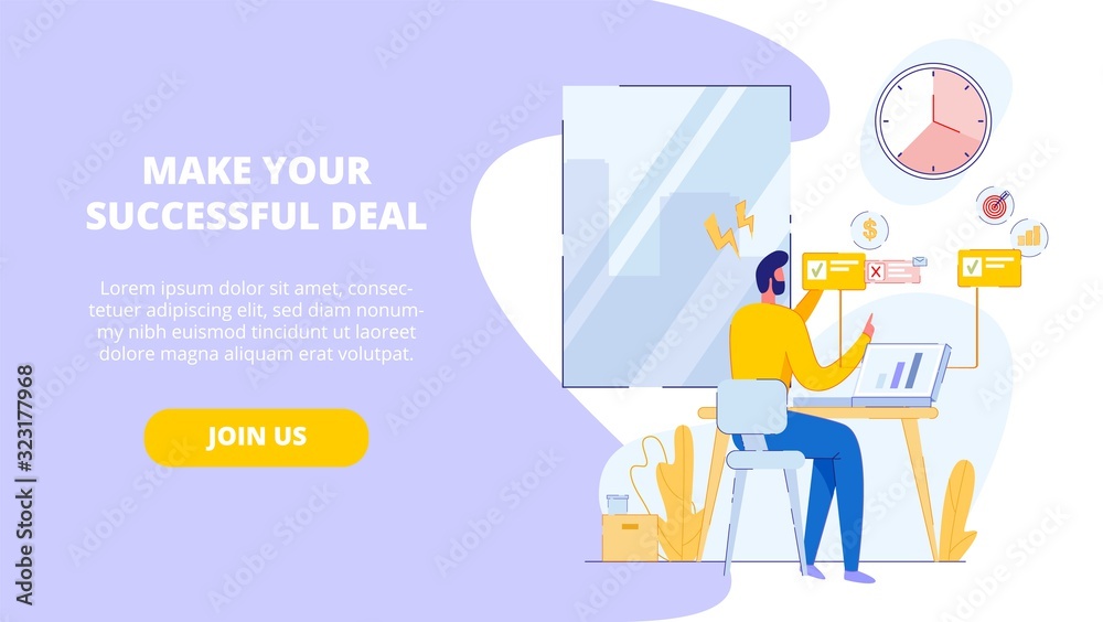 Make your Successful Deal. Hand-drawn Character Sitting at Table in Front of Laptop, Engage Work. Tight Deadlines, need Mobilization. Choosing Right Scenario. Many Tasks. Rationality and Efficiency