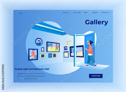 Woman in Art Gallery in Virtual Reality Glasses. Exhibition Center. Vector Illustration. Walk Through Museum. New Technologies. Clothes Pastel Tones. Art Gallery. Watch Exclusive Exhibits.