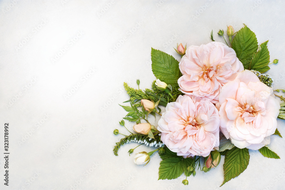 Fototapeta premium Delicate blossoming roses and blooming flowers festive background, pastel and soft bouquet floral card, selective focus, toned