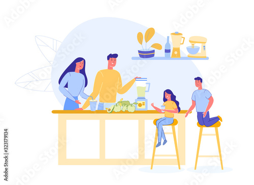 Family with Children Preparing Vegetarian Shake or Smoothie from Fresh Green Products in Kitchen with Mixer Interior. Healthy Lifestyle and Fashion Nutritional Diet. Trendy Flat Vector Illustration.
