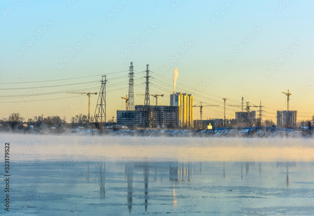 Frosty Sunny January day on the banks of the Neva river.