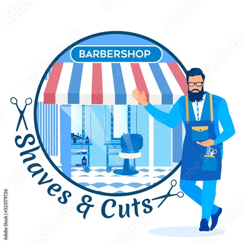 Shaves and Cuts Banner with Barker Stand in front of New Barbershop Window Inviting Customers Come in for Beauty Procedures and Services. Grooming Place, Men Fashion, Cartoon Flat Vector Illustration
