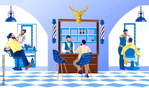 Professional Beauty Club, Men Hairdressing Salon Interior. Barbers Serving Clients Shaving and Making Hairstyle to Customers. Barbershop Grooming Place with Bar Desk, Cartoon Flat Vector Illustration