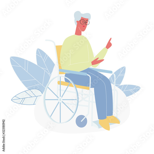 Sick Senior Woman with Gray Hair Driving Wheelchair, Help Old Disabled People in Nursing Home. Aged Person, Grandmother, Healthcare, Disability, Medical Aid Center. Cartoon Flat Vector Illustration