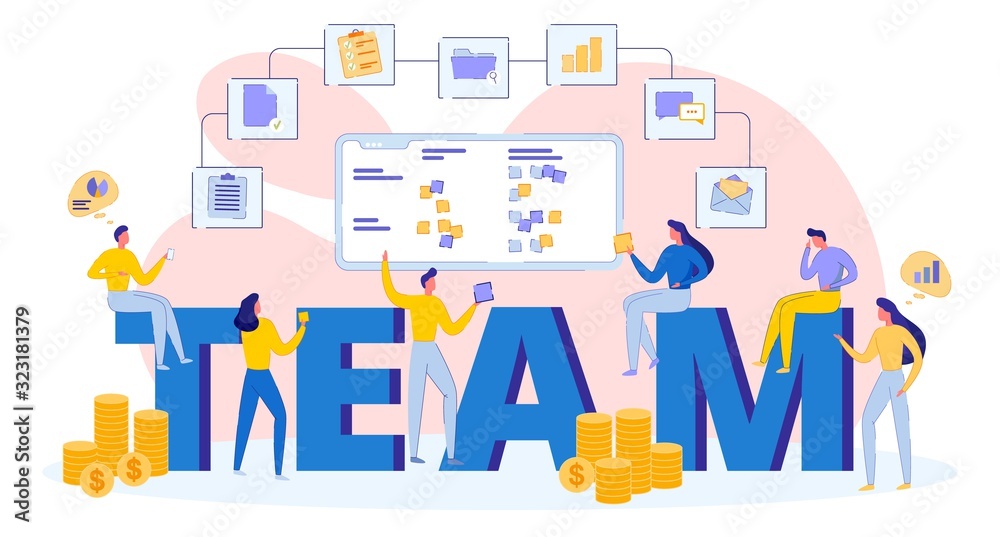 Young Business Successful Team, Teamwork Concept. Group of People, Men and Women Busy their Work, Large Letters on Background, Display with Notes. Icon Chain Document, Folder, Email, Money