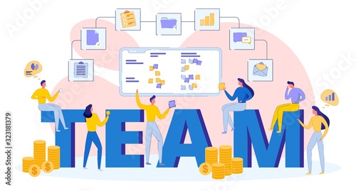 Young Business Successful Team, Teamwork Concept. Group of People, Men and Women Busy their Work, Large Letters on Background, Display with Notes. Icon Chain Document, Folder, Email, Money