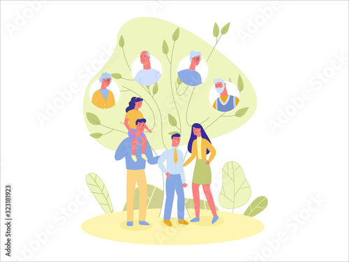 Four Membered Happy Family, Father, Mother, Teen Age Son and Little Daughter Against Family Tree Background with Grandparents Pictures. Girl, Riding Dads Shoulders. Proud Mom Next to Her Son.
