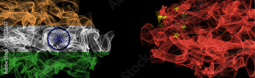 Photography Flags of India and China on Black background, India vs China Smoke Flags