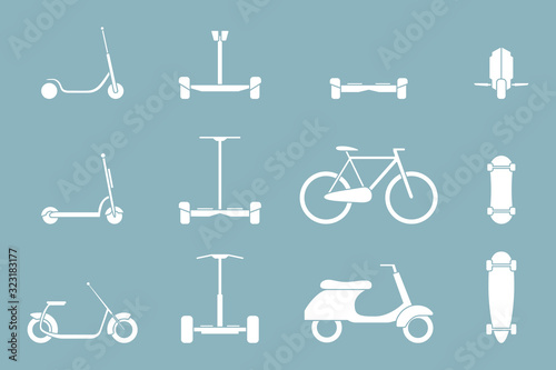 Eco-friendly transport Icons set - Vector silhouettes of scooter, monowheel, hoverboard, bicycle and skateboard for the site or interface