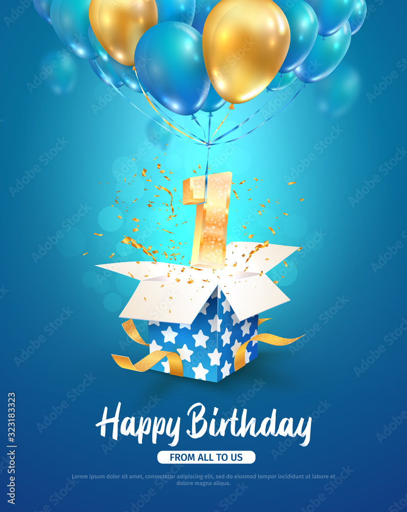 Celebrating first year birthday vector 3d illustration. 1 year