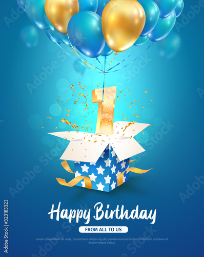 Celebrating first year birthday vector 3d illustration. 1 year anniversary and open gift box and number flying on balloons on blue background. One year celebration