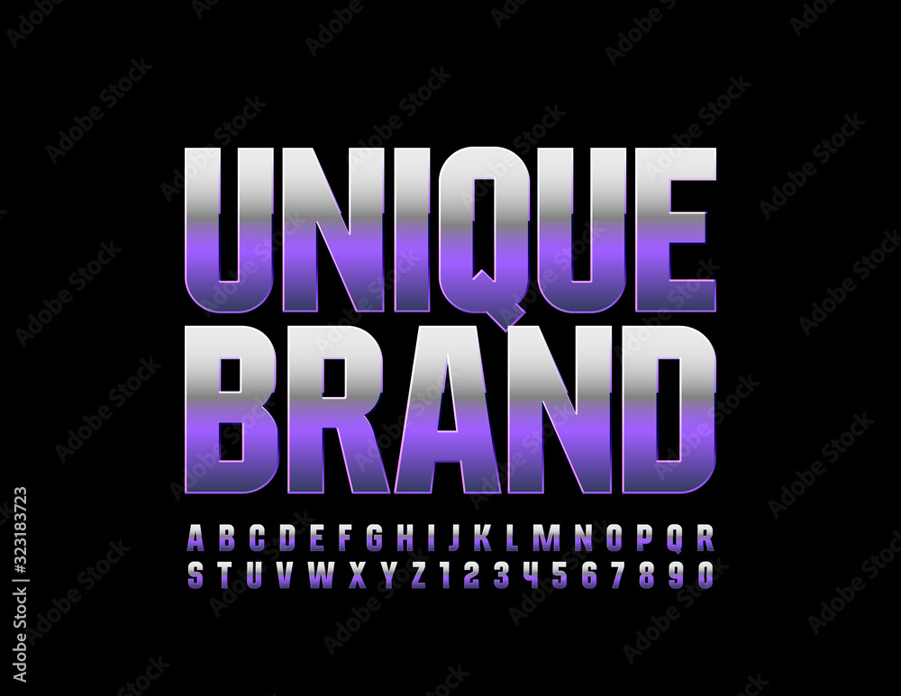 Vector silver sign Unique Brand with stylish Font. Violet and metallic Alphabet Letters and Numbers