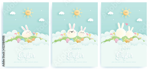 Happy Easter card set with cute bunnies. Vector illustration.