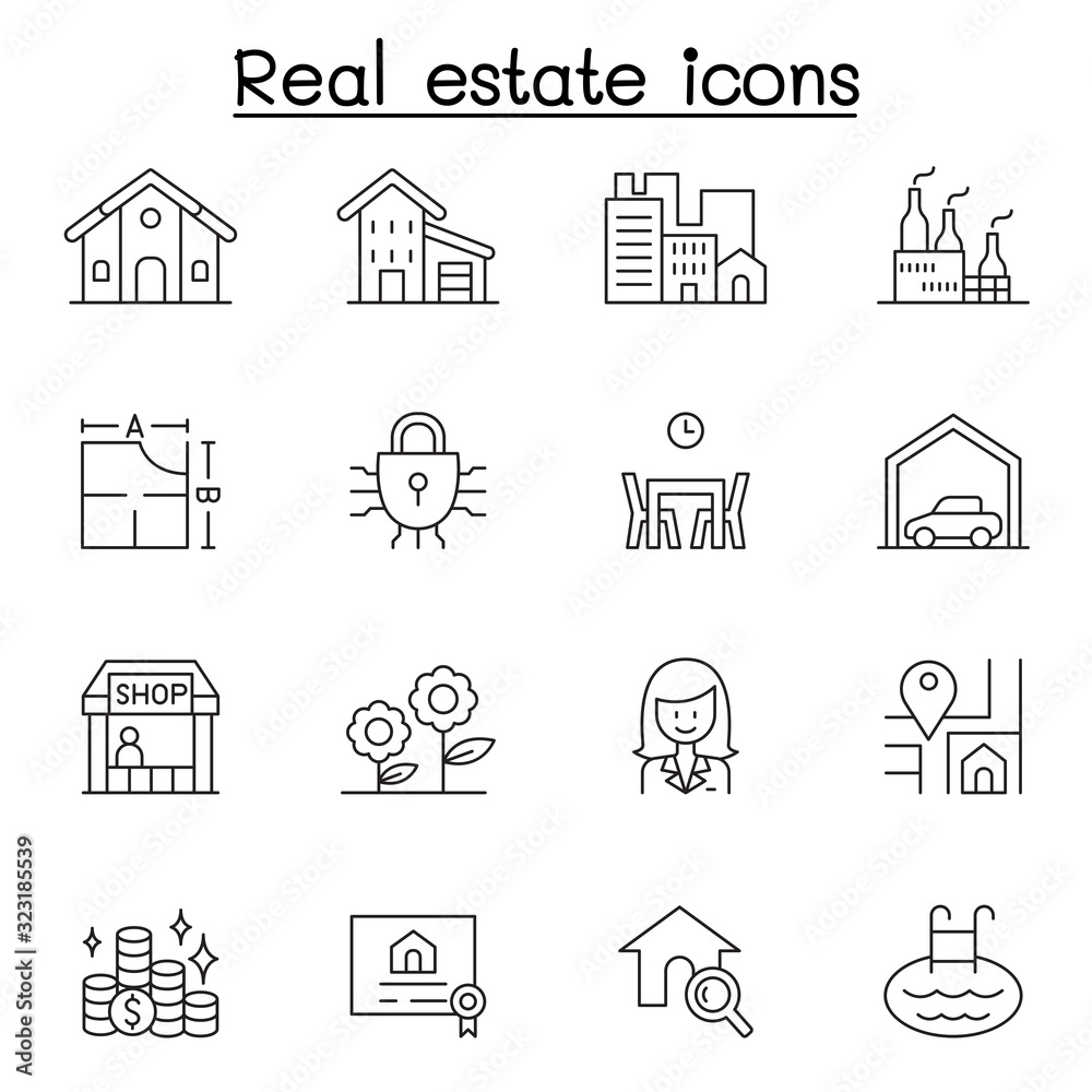 Real estate icon set in thin line style